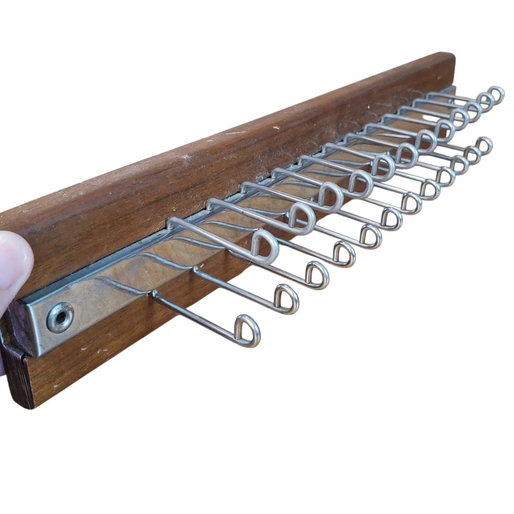 Mid Century Modern Wooden Tie Rack with Foldable Metal Hooks